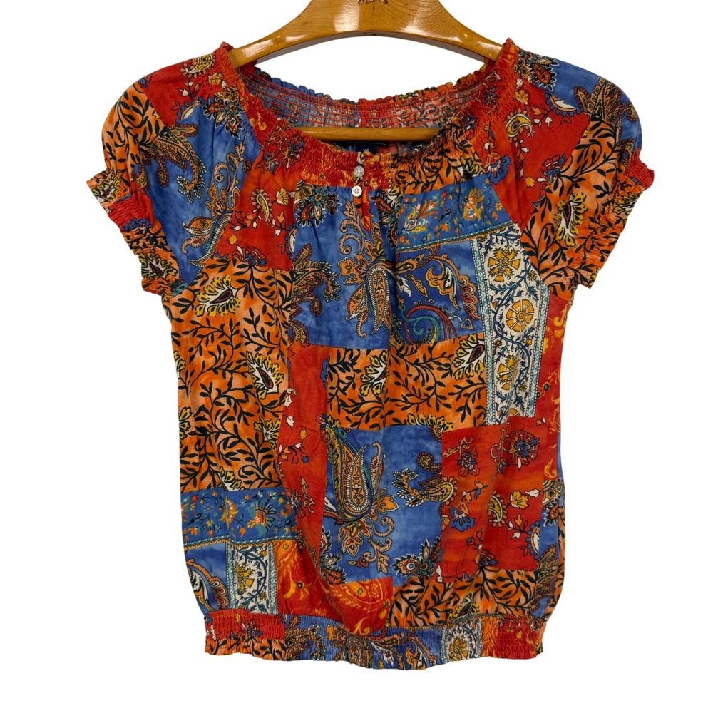Chaps Denim Blouse Patchwork Paisley Smocked XS Orange Blue Cotton